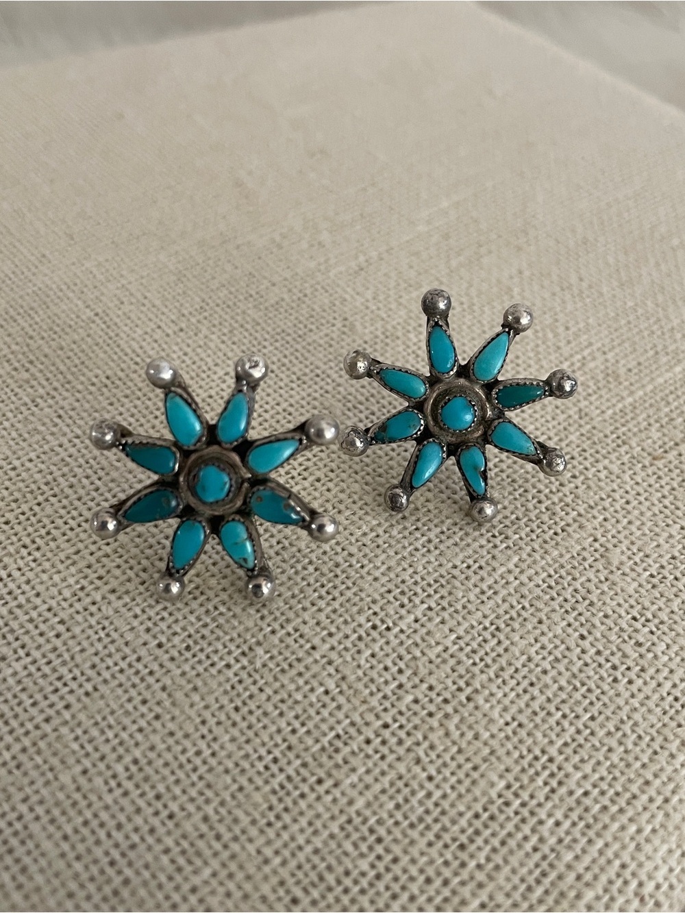 Vintage Sterling Silver and Turquoise Starburst Earrings - Blue Green old pawn